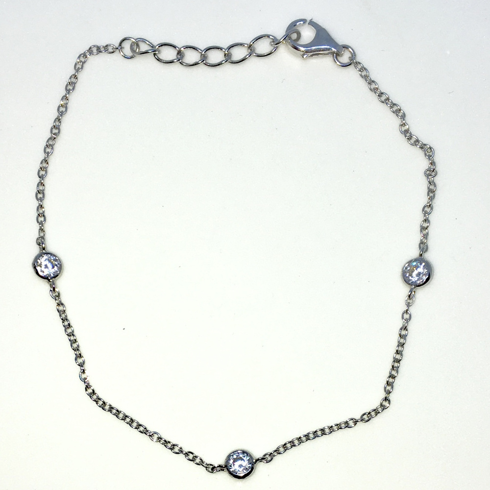 Silver 7 inch Round white CZ cable chain Bracelet